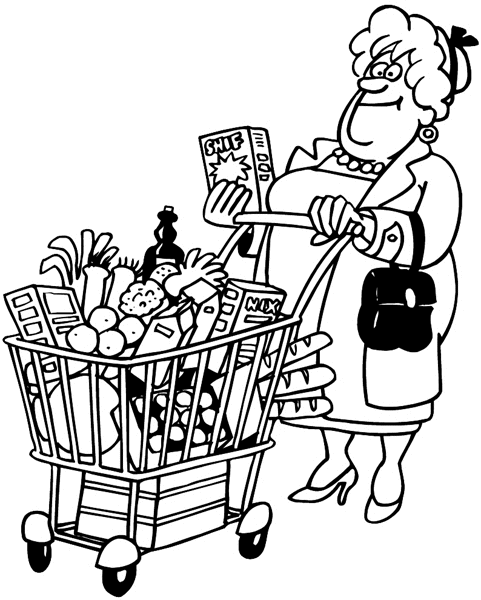 Lady with shopping cart full of groceries vinyl sticker. Customize on line. Sales and Shopping 084-0262